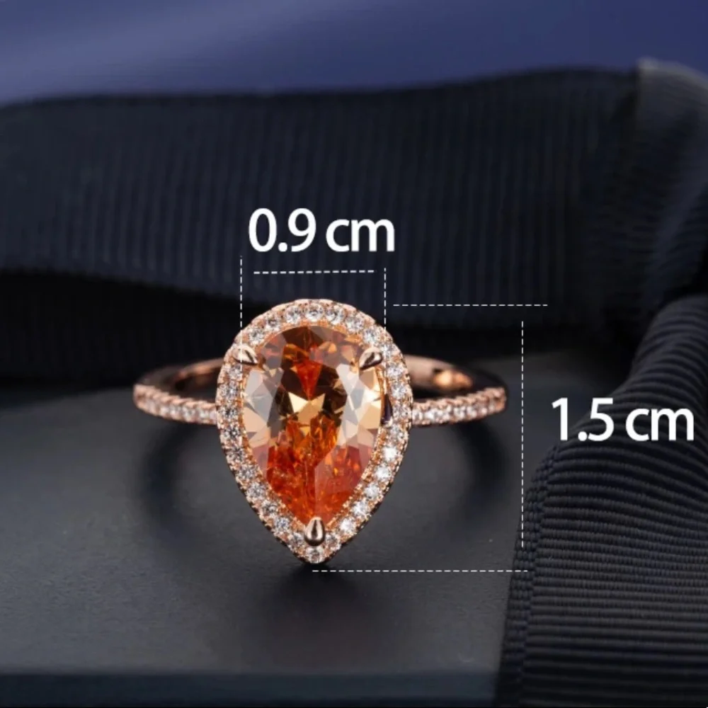 ROSE GOLD PLATED CHAMPAGNE CRYSTAL PEAR SHAPED RING - Picture 5 of 5